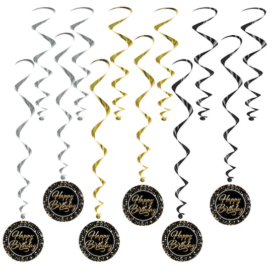 Beistle Black, Gold, & Silver Happy Birthday Whirls, 12ct.
